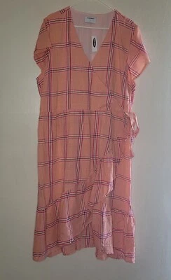 NWT Old Navy Plaid Picnic Dress Women's XXL Orang Ruffle Spring Faux Wrap Summer - Image 1 of 4