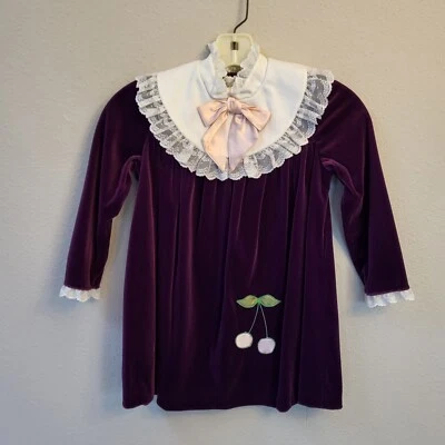 VTG 80s Girl's Dress Size 5 Purple Velvet Cherries White Lace Collar Pink Bow - Image 1 of 4