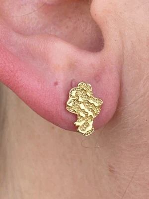 Real Solid 925 Sterling Silver 14k Finish Men Ladies Gold Nugget Earrings Studs - Image 1 of 4