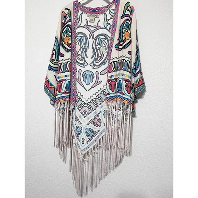 Flying Tomato Kimono Fringe Colorful Bohemian Hippie Festival Cover Up Size S - Image 1 of 4
