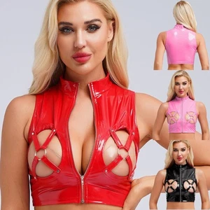 Women Faux Leather Vest Hollow Out Open Chest Crop Tops Zip Up Tank Top Clubwear - Picture 1 of 31