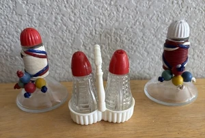 Vintage MCM Set of Two Salt and Pepper Shakers Plastic Tops Glass Base Beaded - Picture 1 of 4