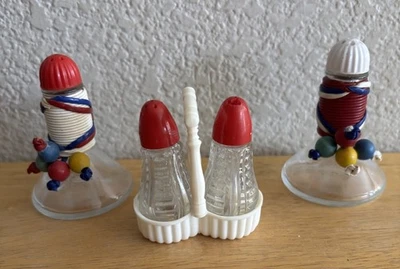 Vintage MCM Set of Two Salt and Pepper Shakers Plastic Tops Glass Base Beaded - Image 1 of 4