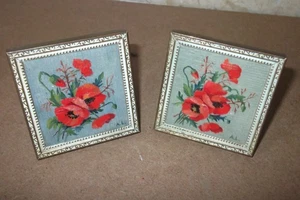 ZWEI VERGOLDETE METALLRAHMEN 5 CM QUADRATISCHE MOHNBLUMEN + BLATT SIGNIERT AL ACRYL GEMÄLDE - Bild 1 von 11