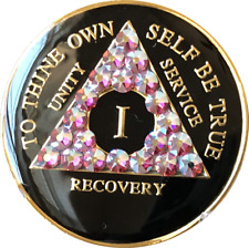 1 - 50 Year AA Medallion Rose Swarovski Crystal Black Tri-Plate Sobriety Chip