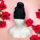 Neiman Marcus Womens Beaded Flowers Pompom Beanie Boggin Hat Stretch Black NWT