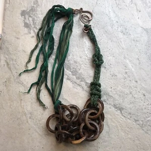 Handmade Artisan Boho Wood Bead Silk Copper Statement Necklace Bohemian - Picture 1 of 6