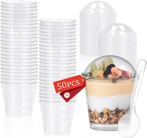 50 Pcs Dessert Cups, 200Ml/7Oz Clear Plastic Cups with Lids & Spoons, Small Reus - Picture 1 of 7