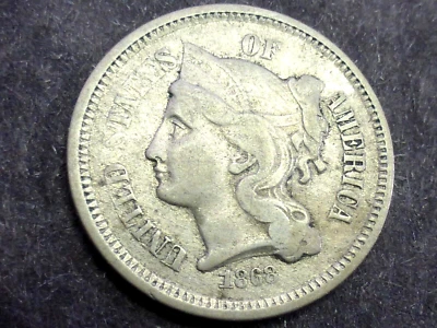 1868  THREE  CENT NICKEL VF-XF - Image 1 of 2