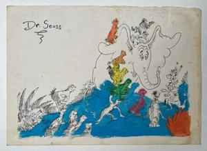 Dr. Seuss (Handmade) Drawing On old Paper Signed & Stamped, Vtg Art - Picture 1 of 4