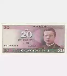 Rara banconota Lituania 1991 20 Litu Litai Litas - Serie AA, AU - Foto 1 di 3