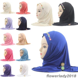 Muslim Kids Girls Flower Hijab Amira Turban Pull On Headscarf Instant Hat 2-6Y - Picture 1 of 47