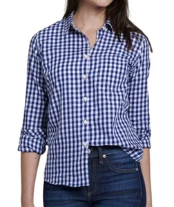 Untuckit Shirt Women 2 Blue White Cotton Gingham Plaid Collared Button Down NWT - Picture 1 of 8