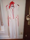 Vintage 70s White Red Jumpsuit Womens Disco Zipper Pockets Cap Sleeves Scarf