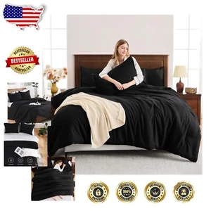 Elegante juego de edredón Queen negro de 3 piezas: microfibra suave de lujo para todas las estaciones - Imagen 1 de 11
