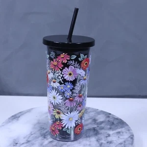 Bicchiere Vera Bradley da viaggio nero floreale con coperchio e cannuccia 24 oz senza BPA - Foto 1 di 13