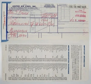 Vintage United Airlines Flight Ticket Washington DC To Minneapolis 1965 Hertz - Picture 1 of 2