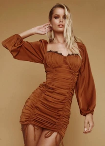 NEW ASTR The LABEL Bronze MARDI Long Sleeve RUCHED Lace Trimmed MINI DRESS M - Picture 1 of 19