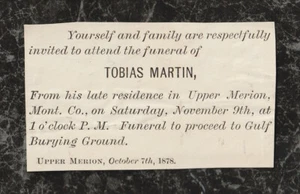 Invitación funeraria victoriana 1878 Tobias Martin Upper Merion PA 3,5x2 - Imagen 1 de 2