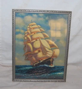 Vintage Large Framed Clipper Ship Print Under Glass - Nautical Coastal - Picture 1 of 4