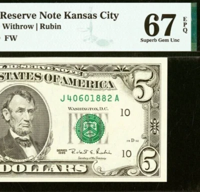 1995 $5 Federal Reserve Note PMG 67EPQ wanted gem Kansas City Fr 1985-J - Image 1 of 3