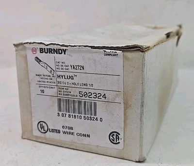 Box of 10 -  Burndy YA272N Hylug 502324 - 3/0 AWG  CU 2 Hole Compression Lugs - Image 1 of 4