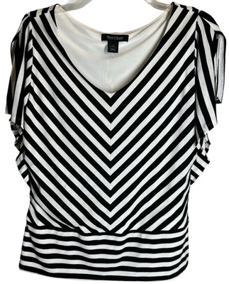White House Black Market Top L Flutter Sleeve with Slit Stretch Stripe Large - Image 1 of 4