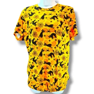 Rene Rofe Pajama Set Halloween Black Cat Spider Pumpkin Sz L Orange Top & Shorts - Picture 1 of 14