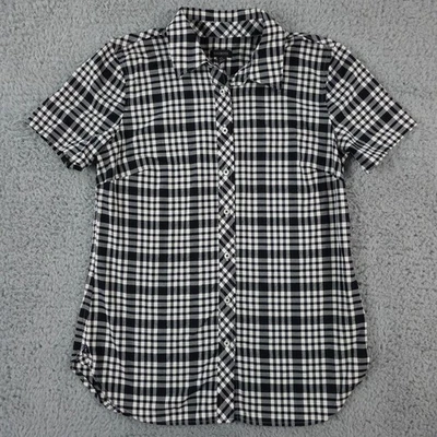 Talbots Shirt Womens XS Black White Gingahm Metallic Plaid Button Preppy ALTERED - Image 1 of 4