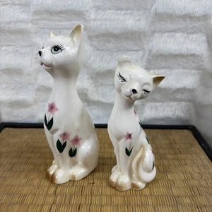 Statuine gatto siamese vintage metà secolo - coppia ceramica floreale - stile giapponese - Foto 1 di 10