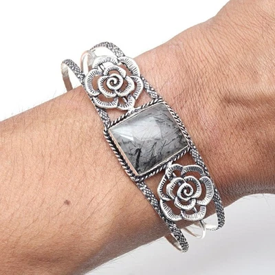 Black Rutile Gemstone Handmade Jewelry Cuff Bracelets 7''Adjustable - Image 1 of 4