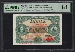 Angola 2.50 Escudos 1-1-1921 P56cts "Color Trial Specimen" UNC Grade 64 Top Pop - Picture 1 of 2