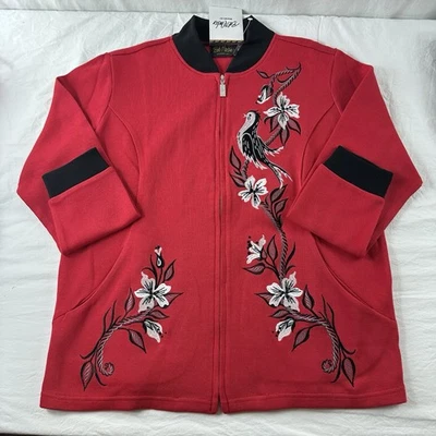 Bob Mackie Usable Arte Cárdigan Chaqueta Cremallera Mujer Mediano Rojo Negro Pájaros ¡Nuevo! Foto 1 de 4