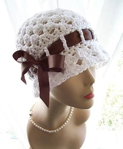 New White Handmade 1920s Cotton Flapper Cloche Sun Hat - Picture 1 of 2