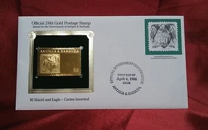 Antigua & Barbuda FDC 24kt Gold Stamp: $6 Shield & Eagle-center inverted. 1986 - Picture 1 of 3