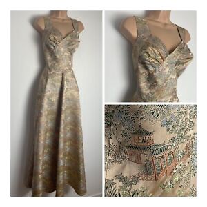 Vintage Late 50s Homemade Pale Gold Japanese Pagoda Floral Silk Maxi Dress 10 