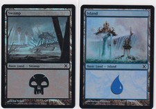 MTG - 10th Edition FOIL Basic Lands - 1x Swamp (374) & 1x Island (370), Nice!