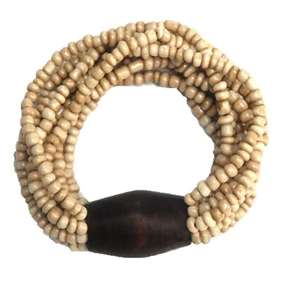 Brazalete de cuerda elástica de 11 hebras con cuentas blancas de hueso artesanal con cuentas de madera Foto 1 de 4