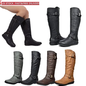 Womens Low Heel Flat Faux Fur Lined Side Zipper Knee High Boots (Wide Calf) - Picture 1 of 41