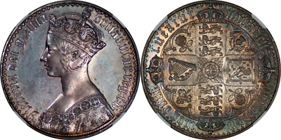 Great Britain 1847 Victoria Silver Proof Gothic Crown NGC AU Colorful Toning!! - Image 1 of 2