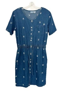 Vintage Denim Embroidered Dress 14 | L Floral Jean Dress V-Neck Pockets 90s Y2K - Picture 1 of 10
