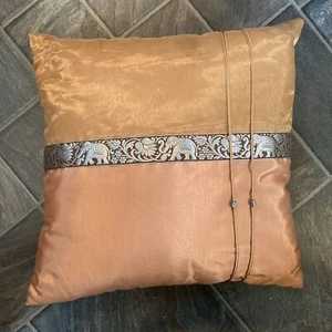 FAUX SILK ELEPHANT FLORAL BORDER BRONZE/GOLD/SILVER CUSHION (COVER/INNER PAD) - Picture 1 of 2