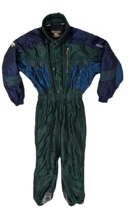 Unisex Descente Ski Snowsuit One Piece Shiny Green & Blue Vintage 80s Large - Picture 1 of 17