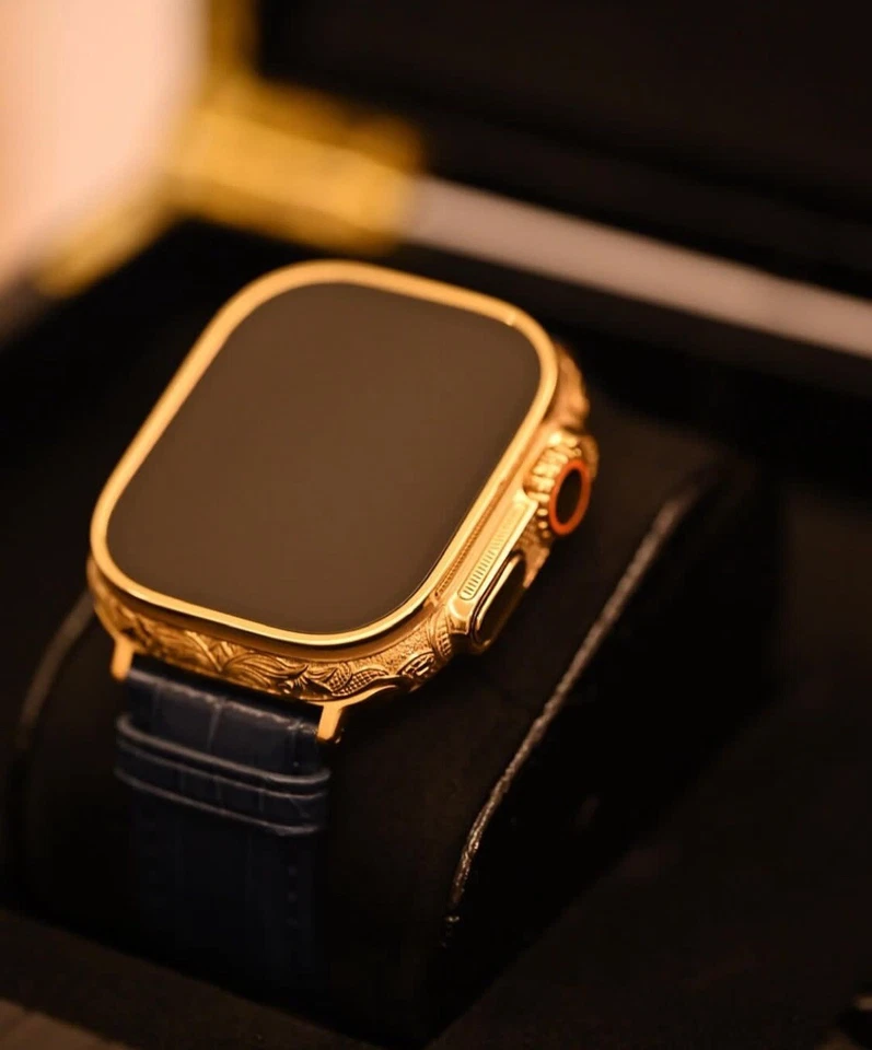 Custom 24k Gold Plated Apple Watch ULTRA 3 49mm Engraved Black Leather Band - Image 1 of 4