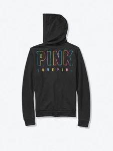 M Victoria Secret Pink Black Rainbow Foil Everyday Lounge Full Zip Hoodie NEW - Picture 1 of 2