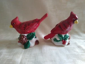 Red Cardinal Salt and Pepper Shakers Set w/Snow & Pine Cones & Holly - Picture 1 of 6