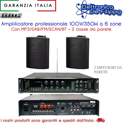 Amplificatore 100V/350W 6 zone Con MP3/DAB/FM/SCAN/BT con 2 casse da parete - Immagine 1 di 4