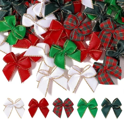 200Pcs 1" Christmas Mini Satin Ribbon Bows Small Tiny Gold Edge Plaid Fabric - Image 1 of 4