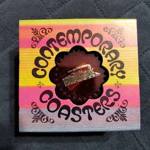 NOS Vintage Eisenbahn Costers 6er Set Zug modern bunt mit Halter - Bild 1 von 5