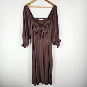 Orange Sherbet Dress Womens 20 Brown Buttoned Cut Out Tie Front Puff Sleeve Midi - Picture 1 of 9
